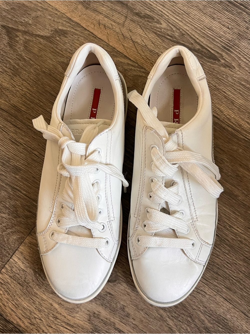 Prada Women's Sneakers Size 38 Lace Up Low Top White Silver Authentic